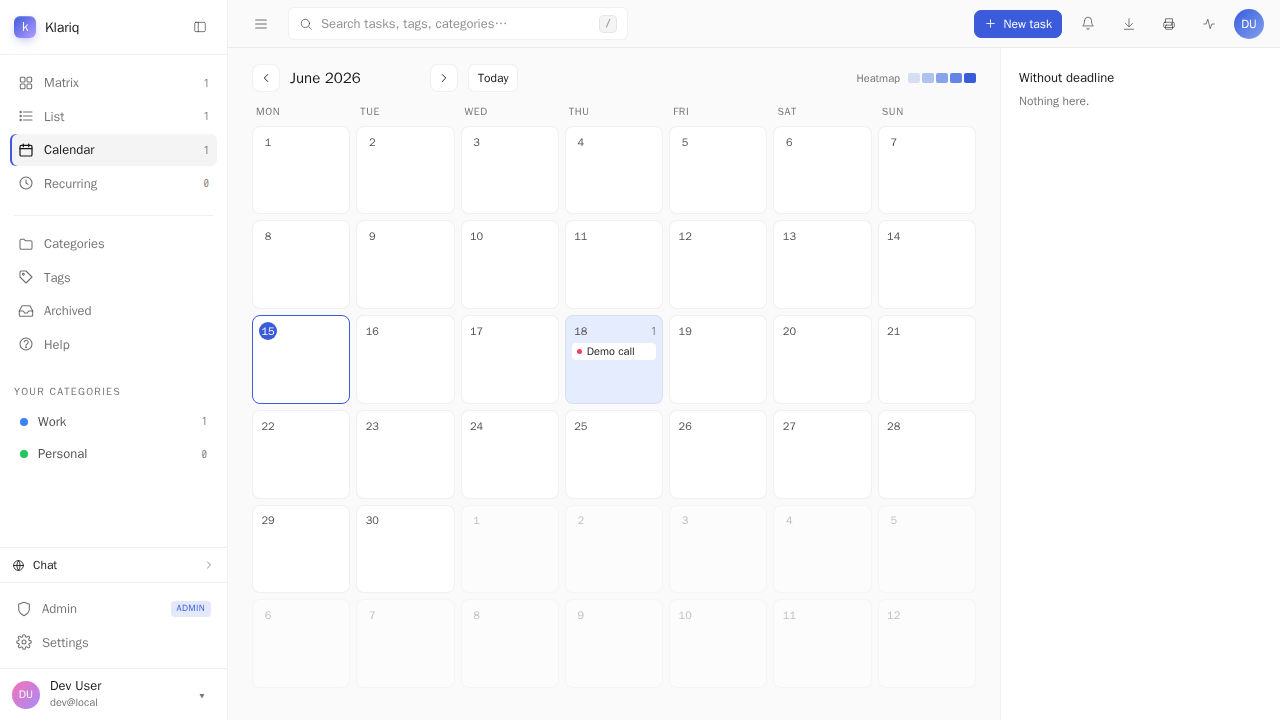 Calendar view with a deadline heatmap and projected recurring tasks.
